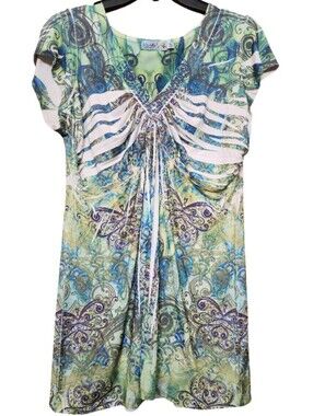 UNITY WORLD WEAR Y2K Blue Green Paisley Boho Fairycore Flutter Sleeve Tunic Sz M